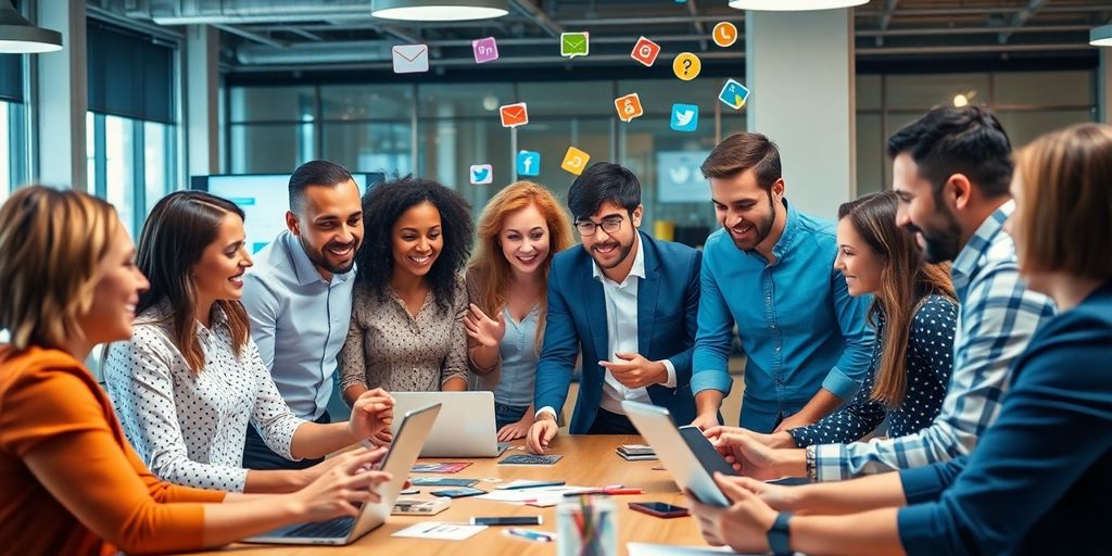 Diverse team collaborating on social media strategy in office.