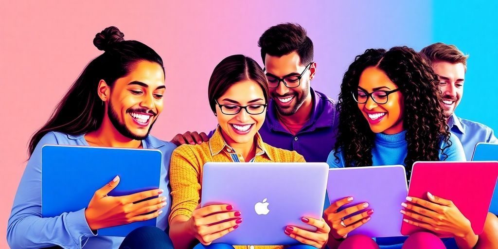Group of people actively engaging with digital devices.