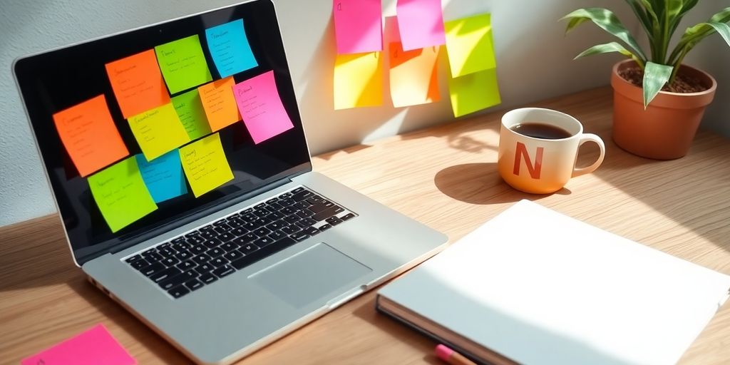 Bright workspace with laptop and colorful planning materials.