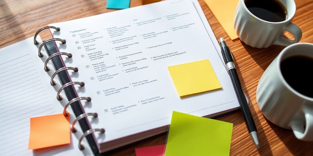 Open planner with pen and sticky notes.