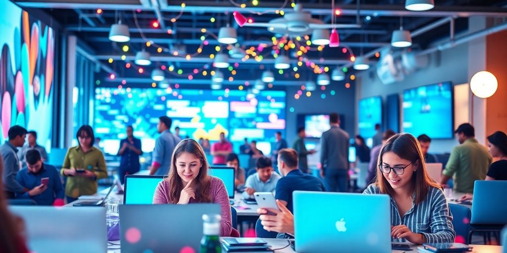 People engaging with technology in a digital workspace.