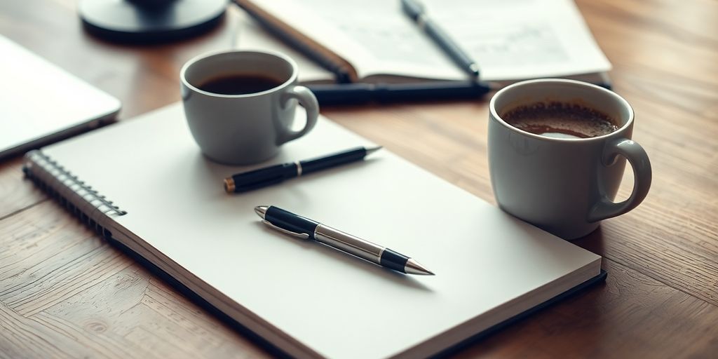 Cozy workspace with notebook, pen, and coffee cup.