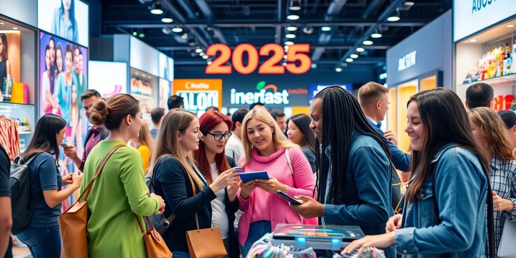 Diverse customers enjoying a lively shopping experience in 2025.