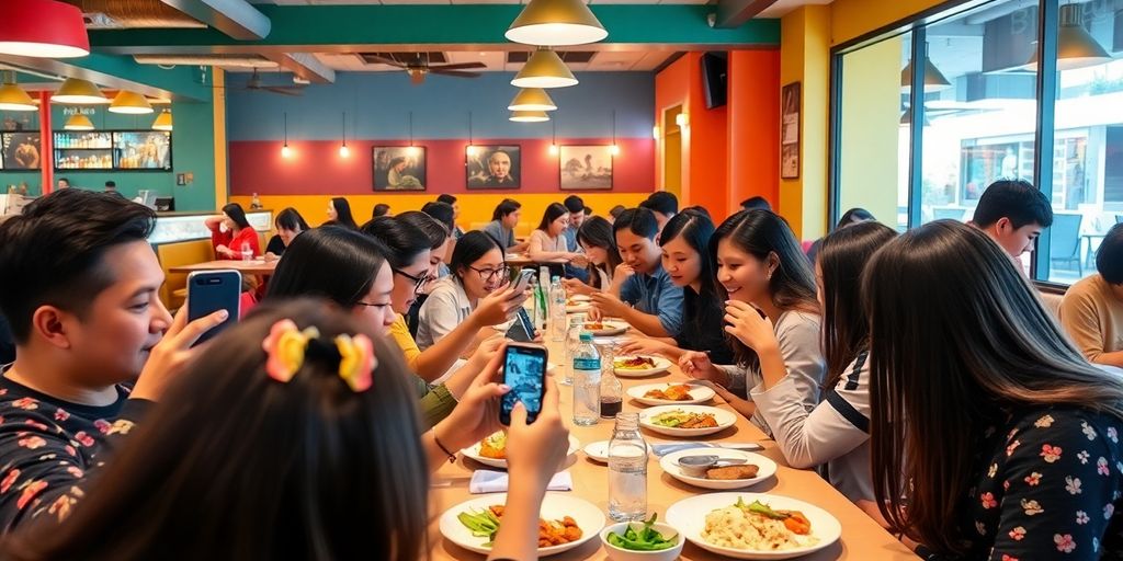 Diverse diners enjoying meals in a vibrant restaurant setting.