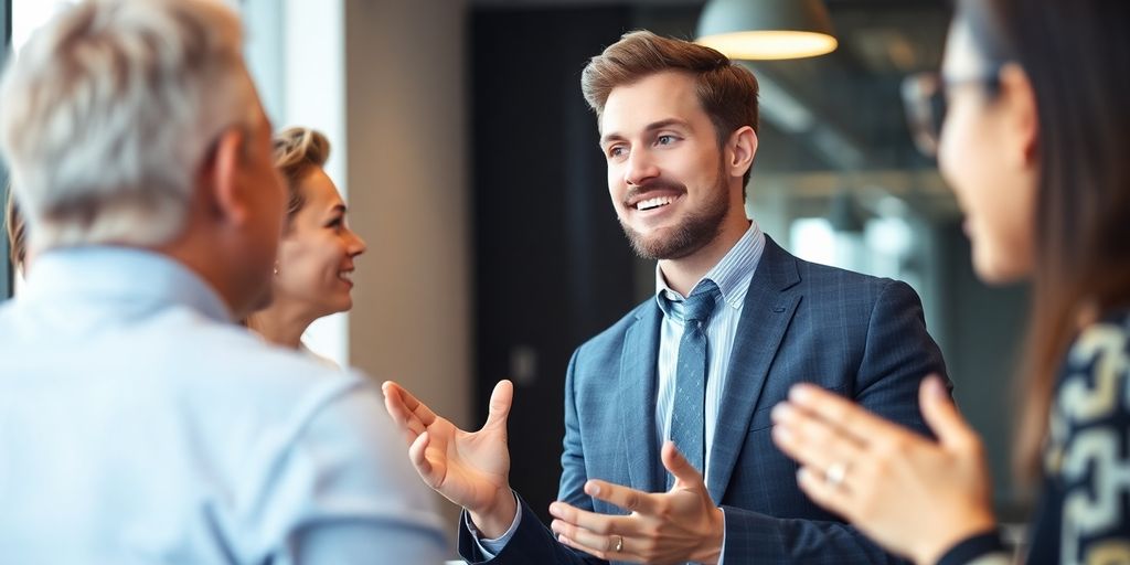 Professional person engaged in a confident discussion with others.