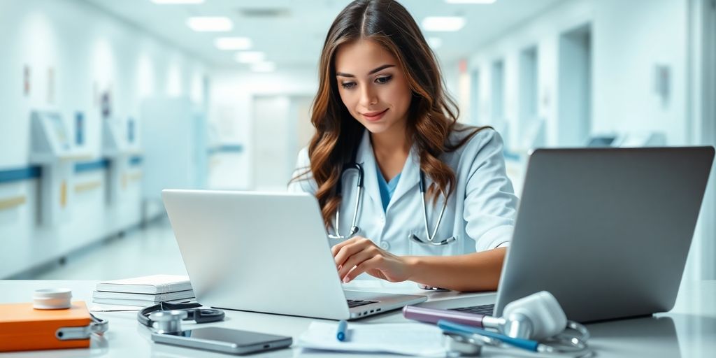 Healthcare professional using social media in a clinical setting.